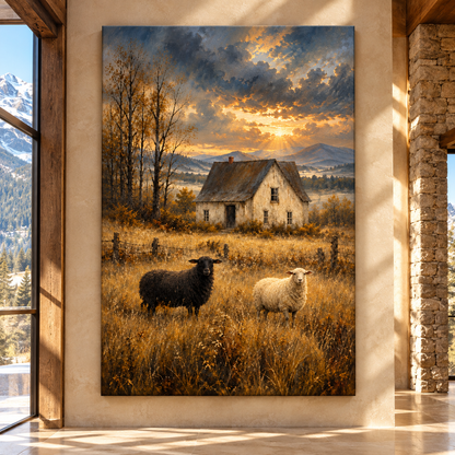 Black & White Sheep by Old Farmhouse Wrapped Canvas Wall Art – Rustic Mountain Pasture Landscape