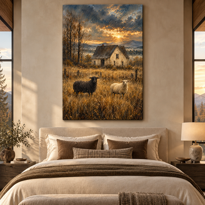Black & White Sheep by Old Farmhouse Wrapped Canvas Wall Art – Rustic Mountain Pasture Landscape