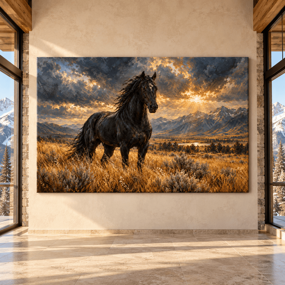 Black Friesian Horse at Golden Sunset Wrapped Canvas Wall Art – Dramatic Western Mountain Landscape - ART OF ROYALS
