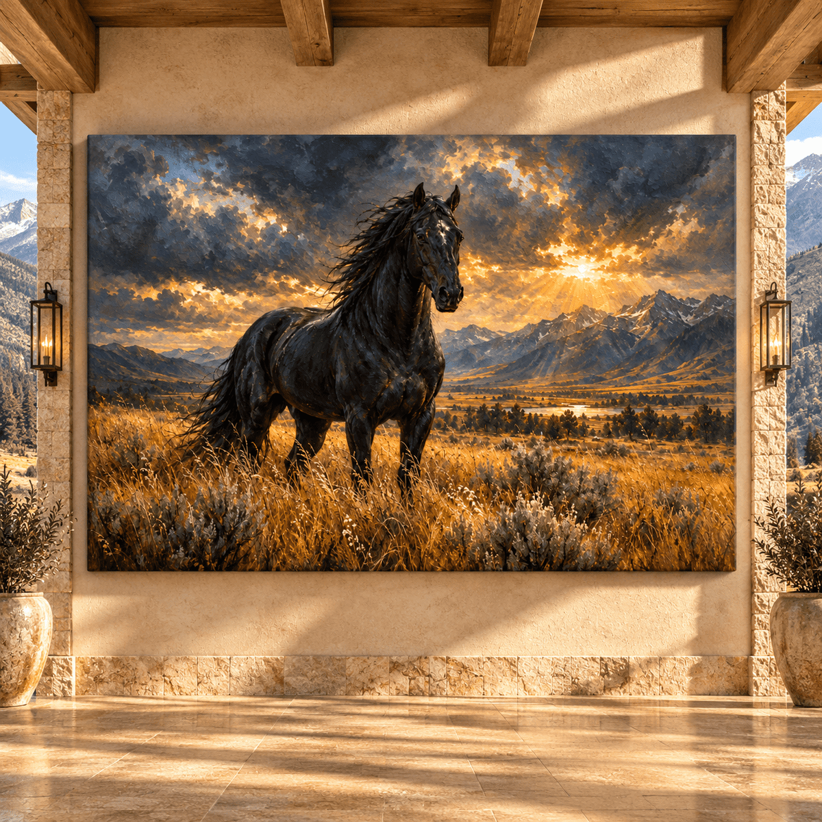 Black Friesian Horse at Golden Sunset Wrapped Canvas Wall Art – Dramatic Western Mountain Landscape - ART OF ROYALS
