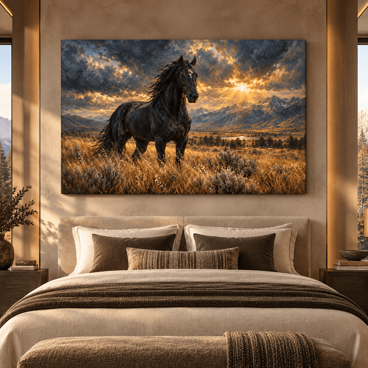 Black Friesian Horse at Golden Sunset Wrapped Canvas Wall Art – Dramatic Western Mountain Landscape - ART OF ROYALS