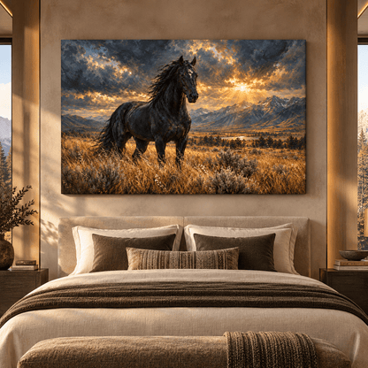 Black Friesian Horse at Golden Sunset Wrapped Canvas Wall Art – Dramatic Western Mountain Landscape - ART OF ROYALS