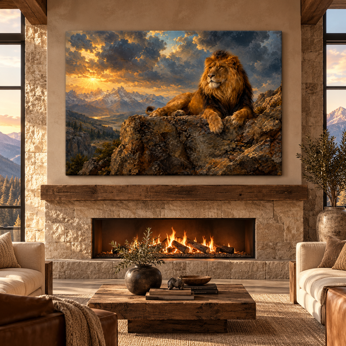 Majestic African Lion at Golden Sunset Wrapped Canvas Wall Art – Dramatic Mountain Wildlife Landscape
