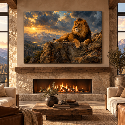 Majestic African Lion at Golden Sunset Wrapped Canvas Wall Art – Dramatic Mountain Wildlife Landscape