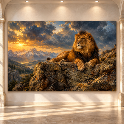 Majestic African Lion at Golden Sunset Wrapped Canvas Wall Art – Dramatic Mountain Wildlife Landscape