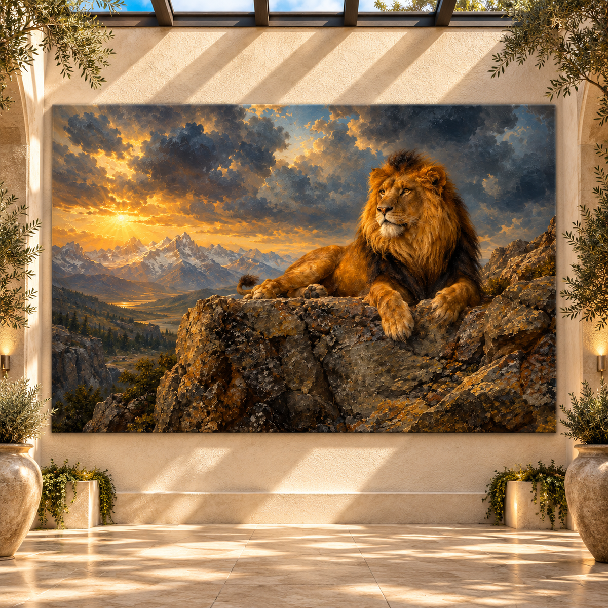 Majestic African Lion at Golden Sunset Wrapped Canvas Wall Art – Dramatic Mountain Wildlife Landscape