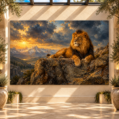 Majestic African Lion at Golden Sunset Wrapped Canvas Wall Art – Dramatic Mountain Wildlife Landscape