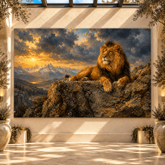 Majestic African Lion at Golden Sunset Wrapped Canvas Wall Art – Dramatic Mountain Wildlife Landscape - ART OF ROYALS