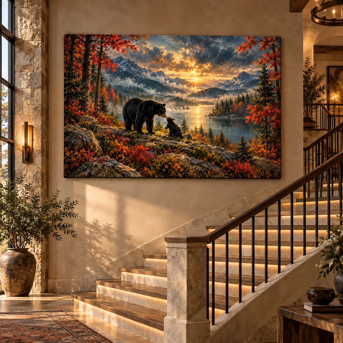 Black Bear & Cub at Golden Sunset Wrapped Canvas Wall Art – Mountain Lake Wildlife Landscape