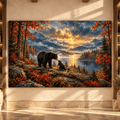 Black Bear & Cub at Golden Sunset Wrapped Canvas Wall Art – Mountain Lake Wildlife Landscape