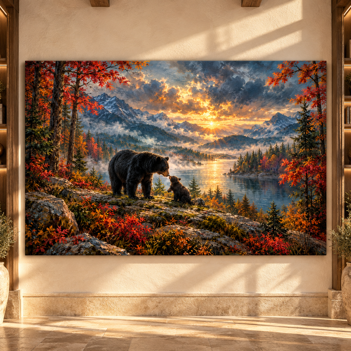 Black Bear & Cub at Golden Sunset Wrapped Canvas Wall Art – Mountain Lake Wildlife Landscape