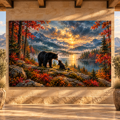 Black Bear & Cub at Golden Sunset Wrapped Canvas Wall Art – Mountain Lake Wildlife Landscape
