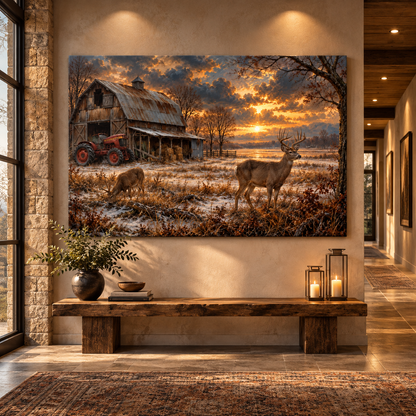 Whitetail Buck & Doe by Rustic Barn Wrapped Canvas Wall Art – Winter Farm Sunset Landscape