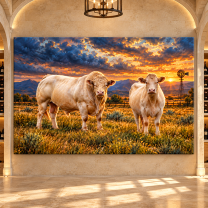 Charolais Bull & Cow at Sunset Wrapped Canvas Wall Art – White Cattle Ranch Landscape