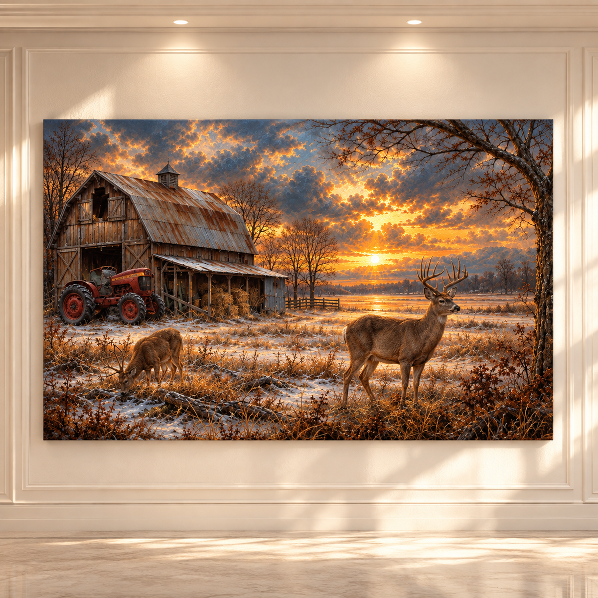 Whitetail Buck & Doe by Rustic Barn Wrapped Canvas Wall Art – Winter Farm Sunset Landscape