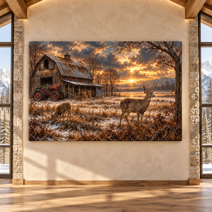 Whitetail Buck & Doe by Rustic Barn Wrapped Canvas Wall Art – Winter Farm Sunset Landscape