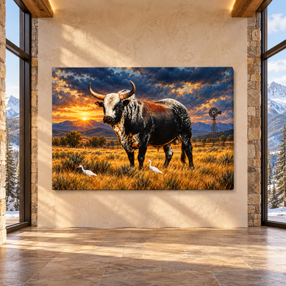 Speckle Park Bull at Sunset Wrapped Canvas Wall Art – Western Cattle Ranch Landscape