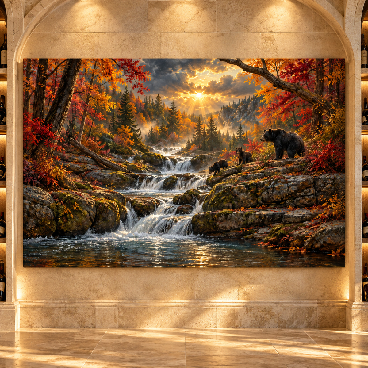 American Black Bear Family by Waterfall Wrapped Canvas Wall Art – Autumn Mountain Wildlife Landscape