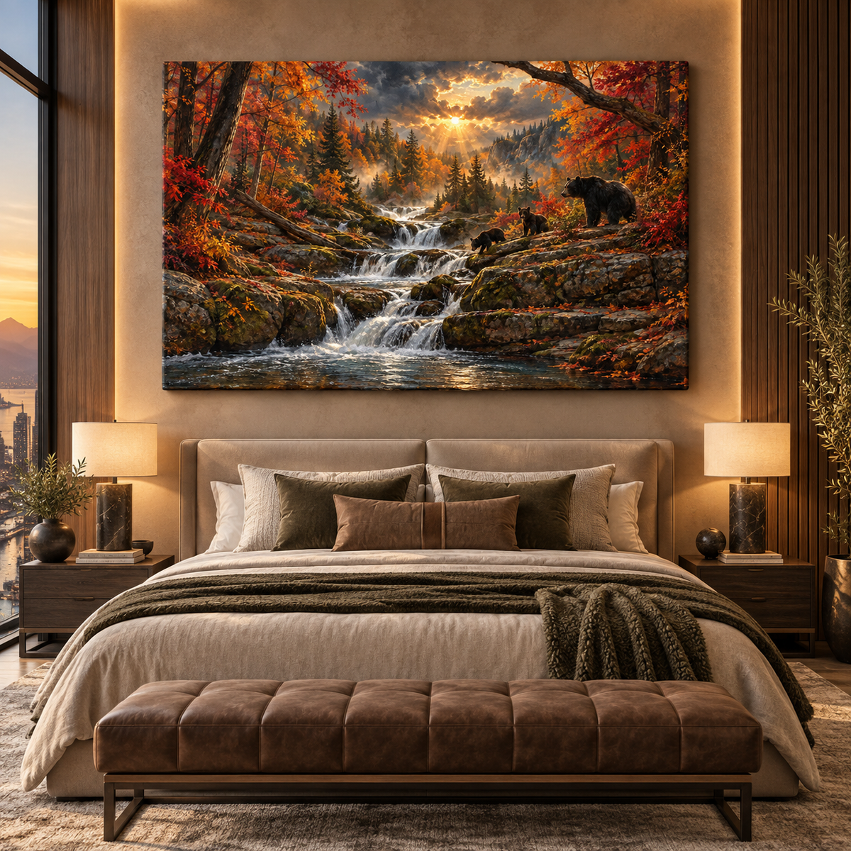 American Black Bear Family by Waterfall Wrapped Canvas Wall Art – Autumn Mountain Wildlife Landscape