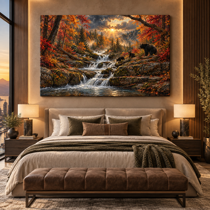 American Black Bear Family by Waterfall Wrapped Canvas Wall Art – Autumn Mountain Wildlife Landscape