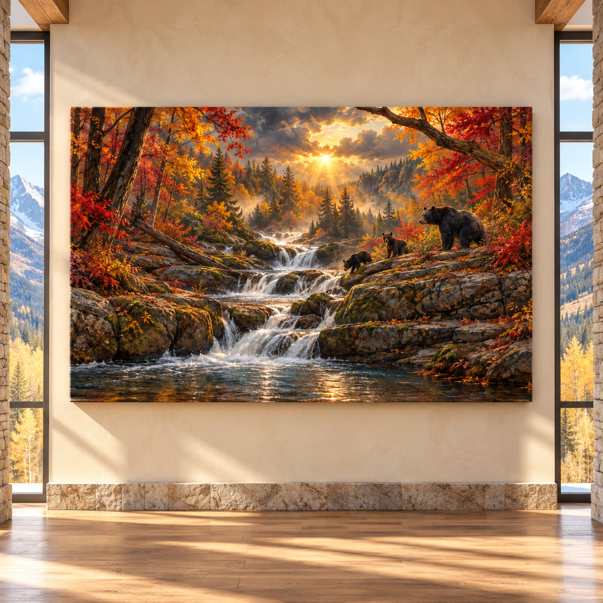 American Black Bear Family by Waterfall Wrapped Canvas Wall Art – Autumn Mountain Wildlife Landscape