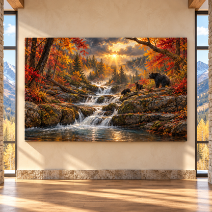 American Black Bear Family by Waterfall Wrapped Canvas Wall Art – Autumn Mountain Wildlife Landscape