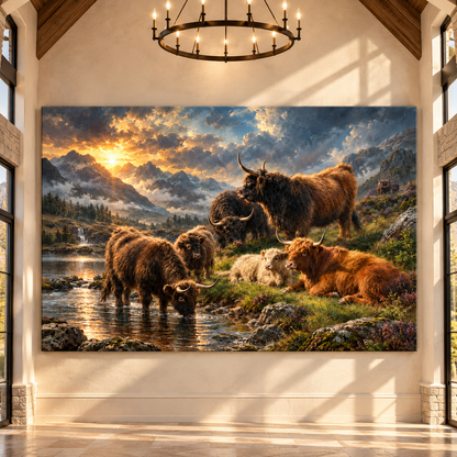 Scottish Highland Cattle Herd at Golden Sunset Wrapped Canvas Wall Art – Mountain Stream Landscape