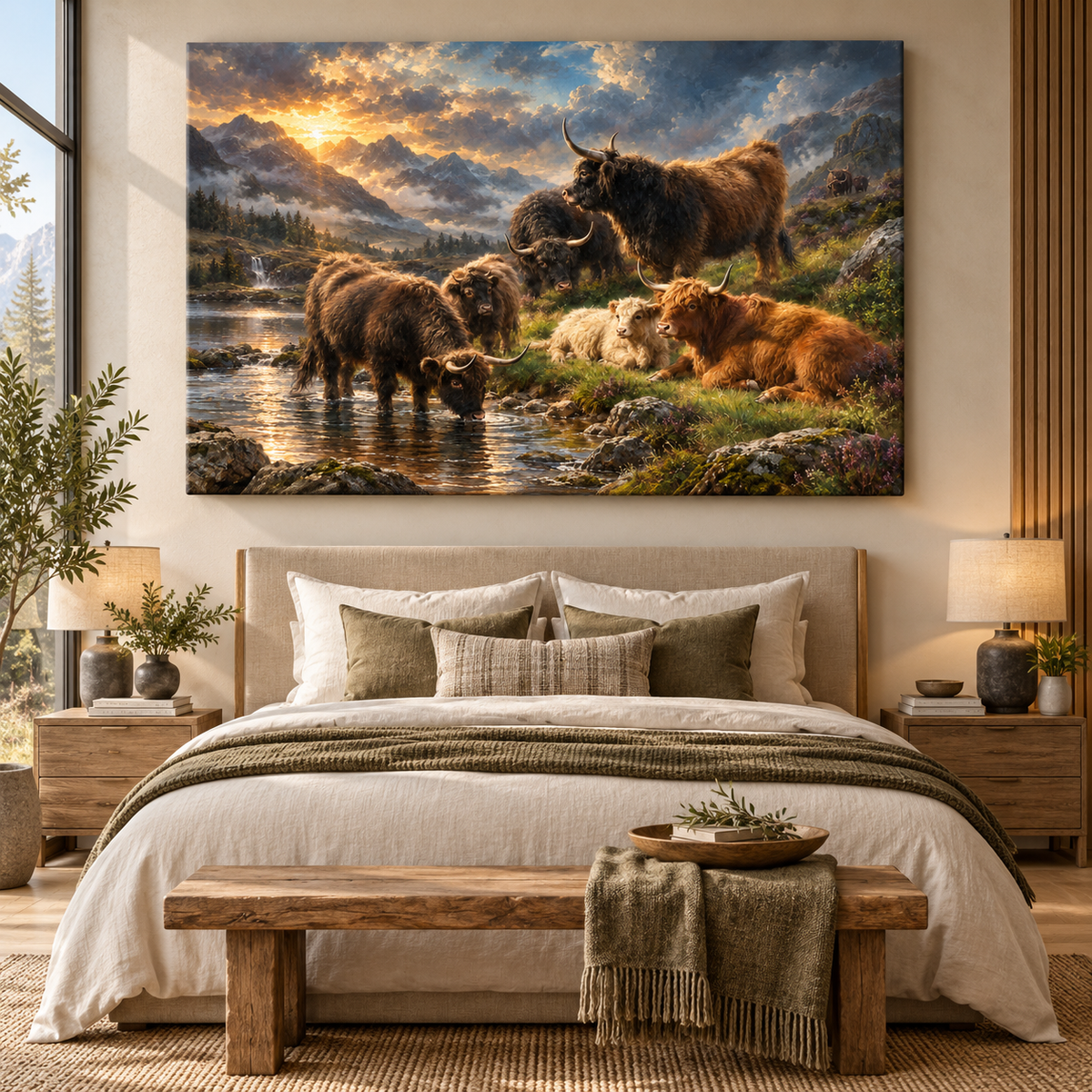 Scottish Highland Cattle Herd at Golden Sunset Wrapped Canvas Wall Art – Mountain Stream Landscape