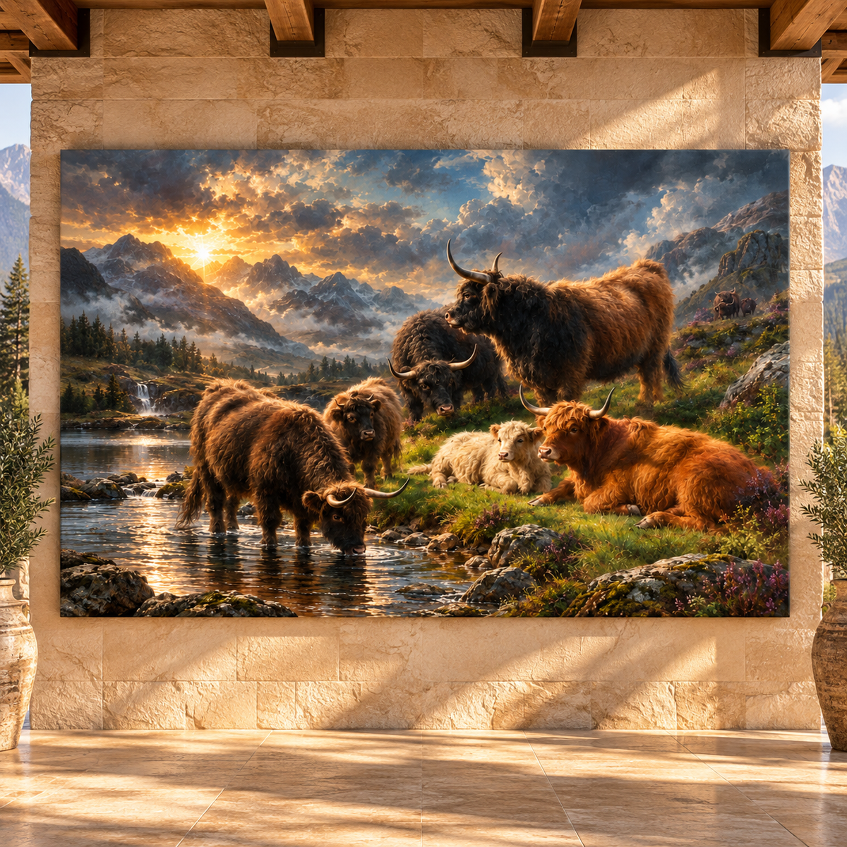 Scottish Highland Cattle Herd at Golden Sunset Wrapped Canvas Wall Art – Mountain Stream Landscape
