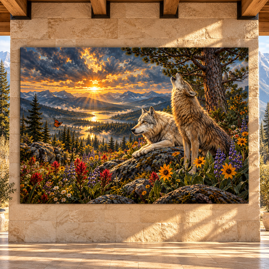 Gray Wolf Pair at Golden Sunset Wrapped Canvas Wall Art – Mountain Lake Wildlife Landscape