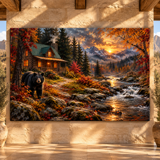 American Black Bear by Mountain Cabin Wrapped Canvas Wall Art – Autumn Creek & Whitetail Deer Landscape