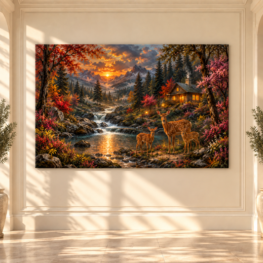 Whitetail Doe & Twin Fawns by Mountain Cabin Wrapped Canvas Wall Art – Autumn Creek Wildlife Landscape