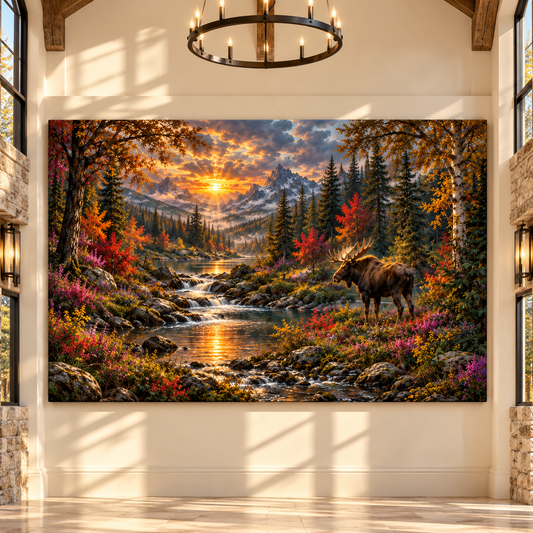 Bull Moose by Mountain Lake at Golden Sunset Wrapped Canvas Wall Art – Wildflower Wilderness Landscape