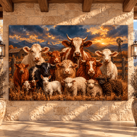 Texas Longhorn Cattle & Farm Animals Wrapped Canvas Wall Art – Rustic Ranch Sunset Landscape - ART OF ROYALS