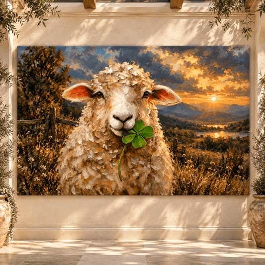 Merino Sheep with Four-Leaf Clover Wrapped Canvas Wall Art – Lucky Farmhouse Sunset Landscape - ART OF ROYALS