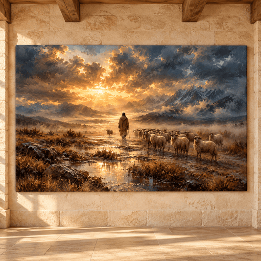 Shepherd Leading Merino Sheep at Golden Sunrise Wrapped Canvas Wall Art – Mountain Flock Landscape - ART OF ROYALS