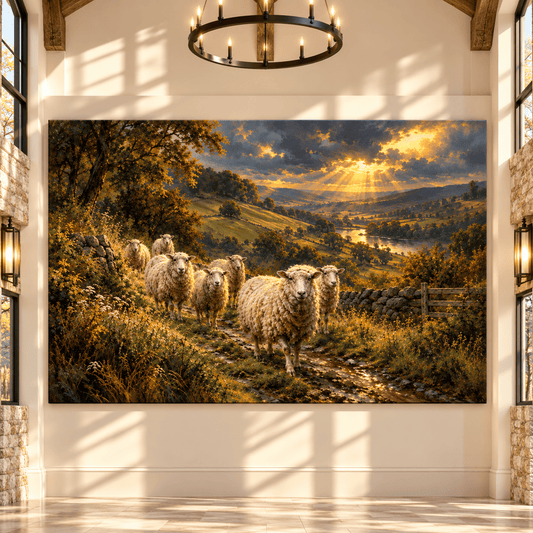 Merino Sheep Flock in Golden Countryside Wrapped Canvas Wall Art – Pastoral Valley Landscape - ART OF ROYALS