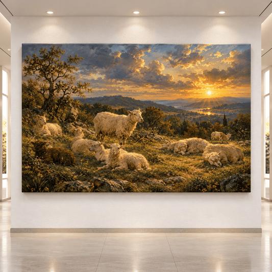 Merino Sheep Resting at Golden Sunset Wrapped Canvas Wall Art – Peaceful Pastoral Valley Landscape - ART OF ROYALS
