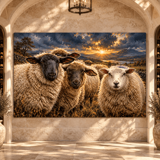 Blackface Sheep Flock at Golden Sunset Wrapped Canvas Wall Art – Rustic Mountain Pasture Landscape - ART OF ROYALS
