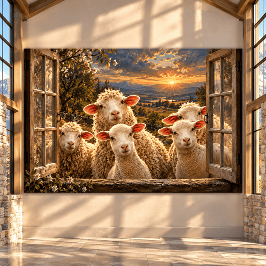 Curious Sheep at the Farmhouse Window Wrapped Canvas Wall Art – Golden Countryside Sunset - ART OF ROYALS