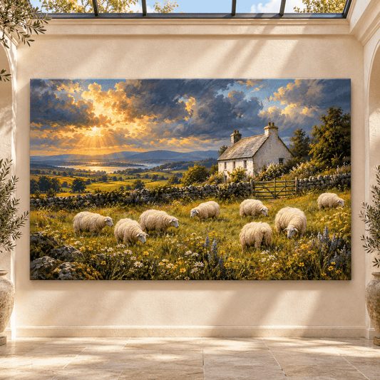 Sheep Grazing by Country Cottage Wrapped Canvas Wall Art – Golden Pastoral Farmhouse Landscape - ART OF ROYALS