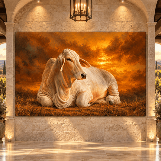 Brahman Cow Resting at Golden Sunset Wrapped Canvas Wall Art – White Cattle Ranch Painting - ART OF ROYALS