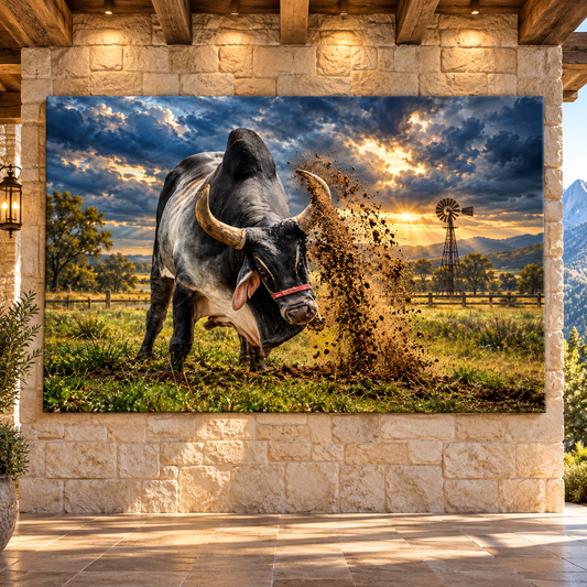 Black Brahman Bull Kicking Up Dust Wrapped Canvas Wall Art – Dramatic Western Ranch Landscape - ART OF ROYALS