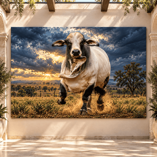 Brahman Bull Charging Through Dust Wrapped Canvas Wall Art – Dramatic Western Cattle Portrait - ART OF ROYALS