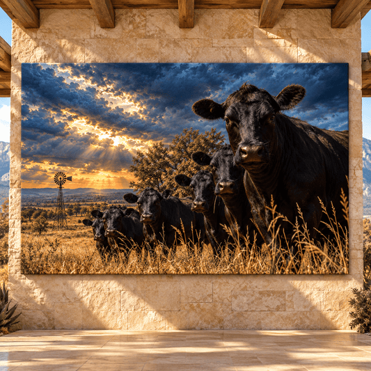 Black Angus Cattle Herd Wrapped Canvas Wall Art – Dramatic Western Ranch Sunset - ART OF ROYALS