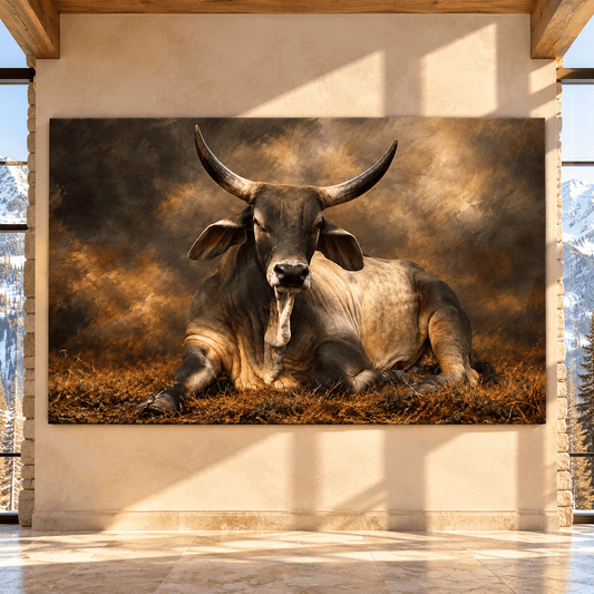Horned Brahman Bull Resting Wrapped Canvas Wall Art – Dramatic Rustic Ranch Cattle Painting - ART OF ROYALS
