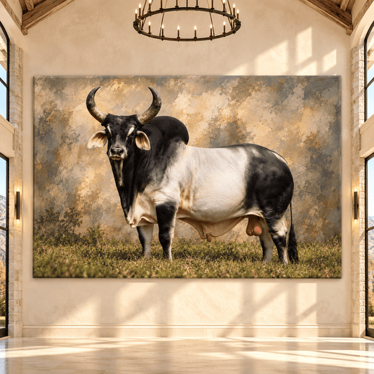 Black & White Brahman Bull Wrapped Canvas Wall Art – Horned Western Ranch Cattle Portrait - ART OF ROYALS