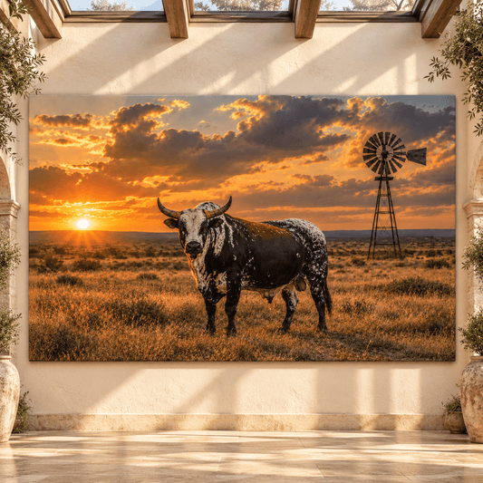 Speckled Texas Longhorn Bull at Sunset Wrapped Canvas Wall Art – Western Ranch Windmill Landscape - ART OF ROYALS