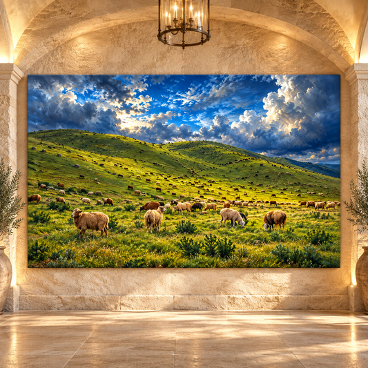 Sheep Grazing Across Rolling Green Hills Wrapped Canvas Wall Art – Pastoral Countryside Landscape - ART OF ROYALS