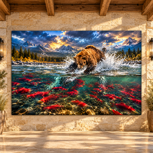 Grizzly Bear Hunting Salmon Wrapped Canvas Wall Art – Mountain River Wildlife Landscape